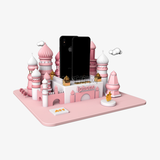 C4D粉色城市风小城堡手机广告