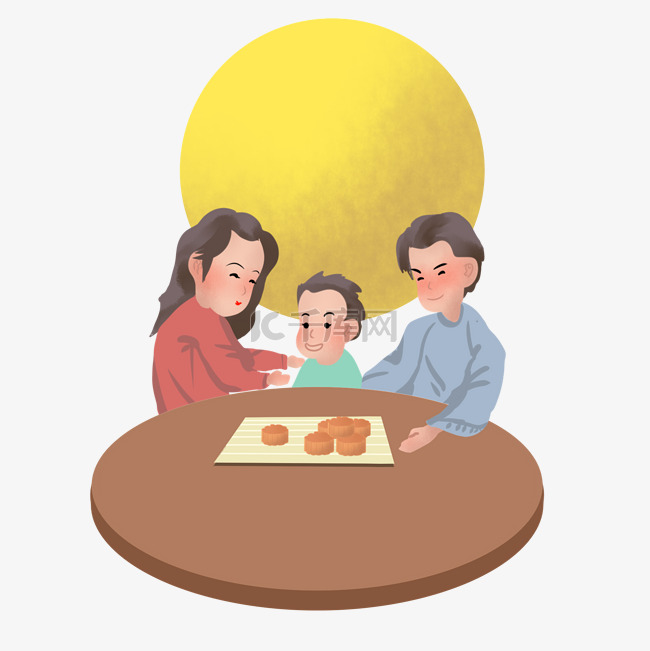 中秋节团圆吃月饼手绘插画