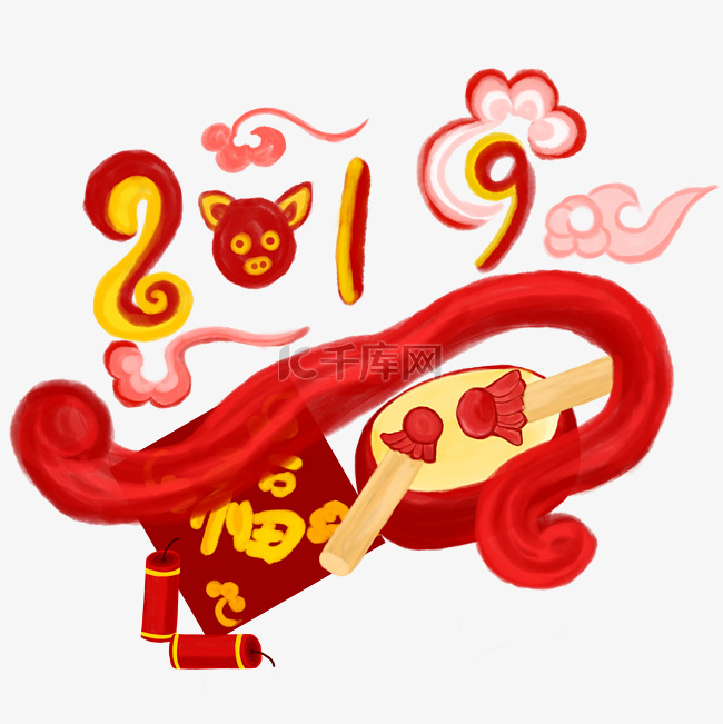 中国年画风2019猪年过年元素