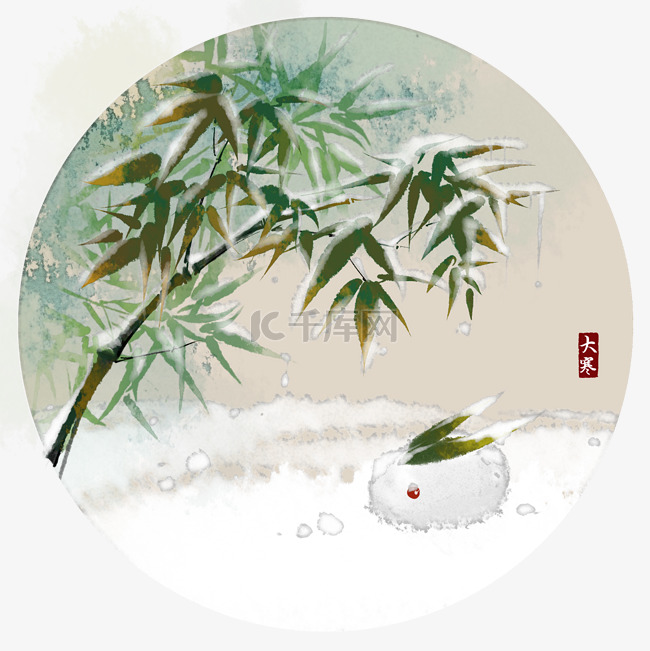 手绘中国风24节气水墨画雪兔竹