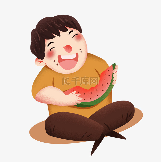 吃西瓜的吃货男孩卡通png素材