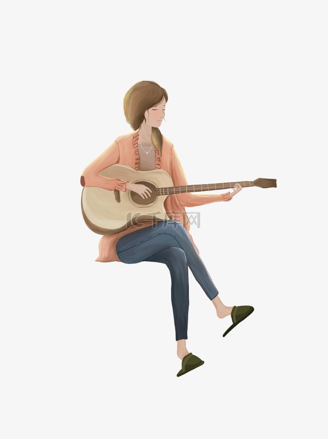 卡通文艺弹吉他的女生可商用元素