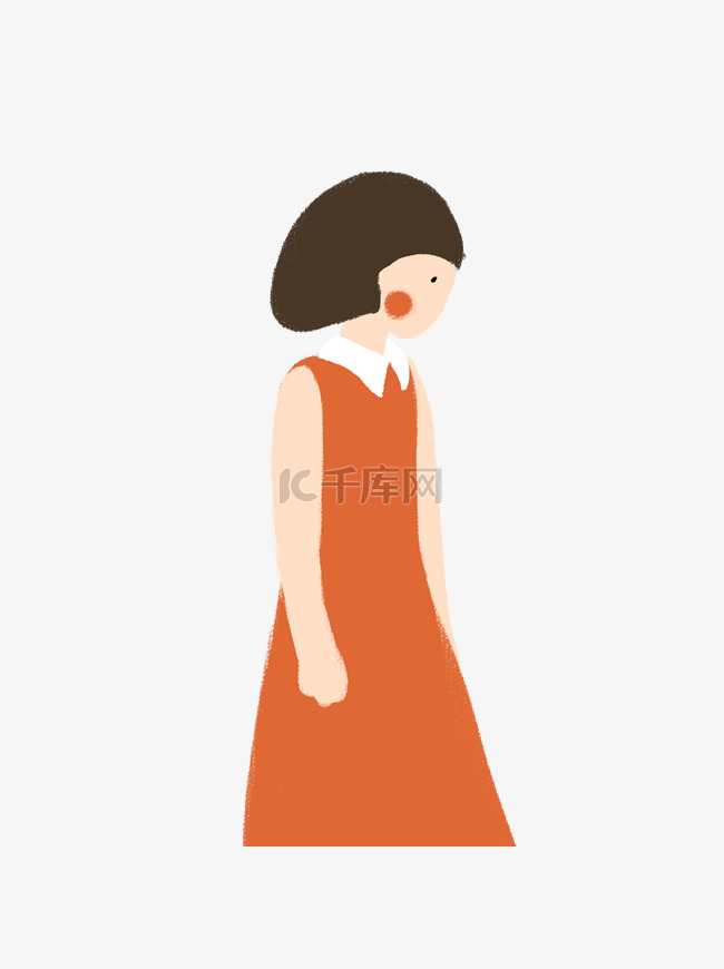 握拳低头思考的橙色裙子短发女孩