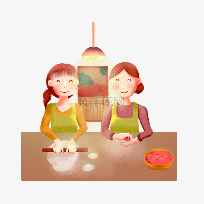 立冬手绘水彩女儿和妈妈一起包饺