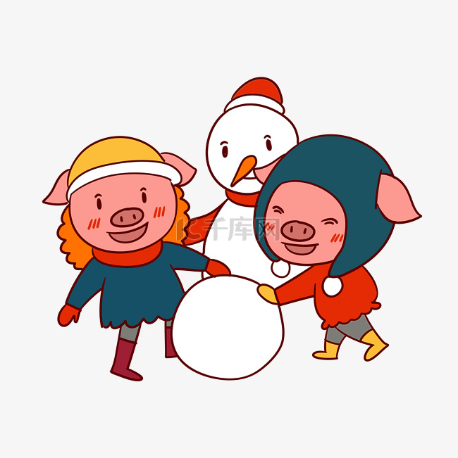 手绘矢量卡通猪年新年小猪堆雪人