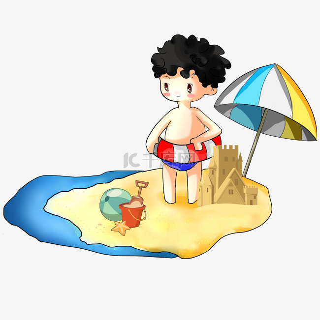 手绘海边玩沙子的男孩