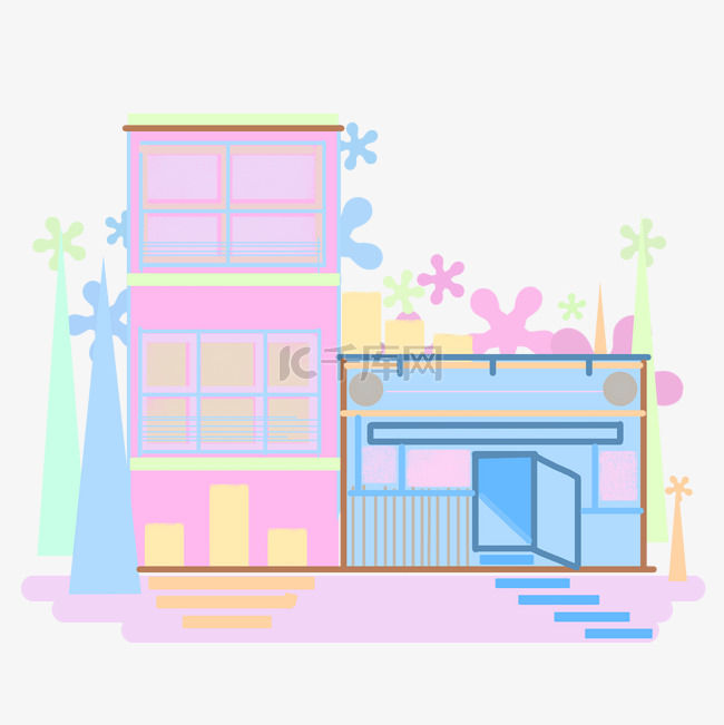 粉色楼房房屋插画