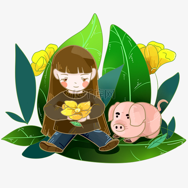 春天绿色小女孩捧花与可爱小猪P