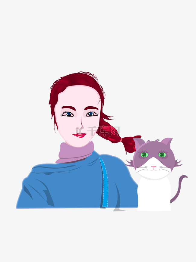 插画少女和宠物猫设计元素
