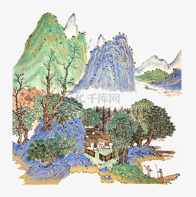 水墨山水翠色蓝色金线国画PNG