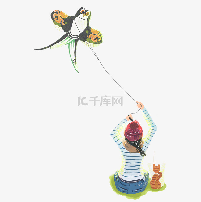 立春节气放风筝的小女孩卡通手绘
