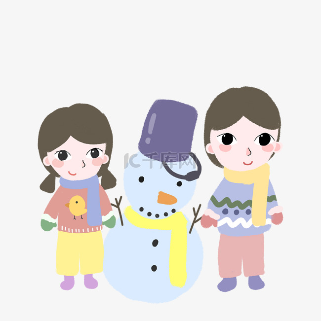冬季暖色系两个小孩子堆雪人