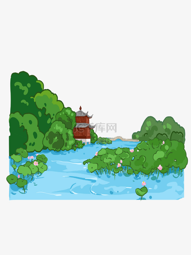 荷花池夏季风景场景元素手绘插画