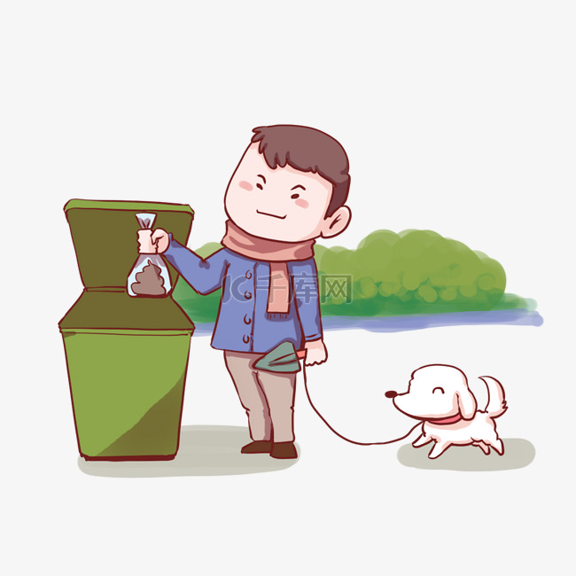 手绘寒假男孩遛狗扔垃圾
