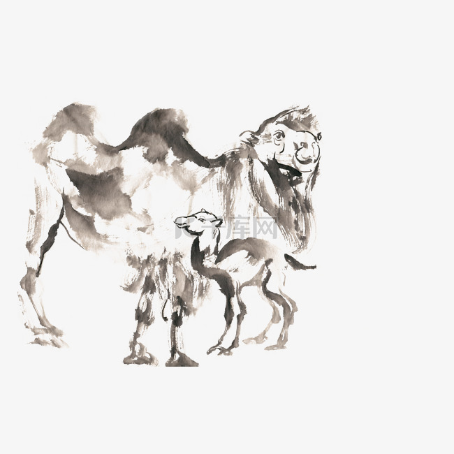 骆驼母子水墨画PNG免抠素材