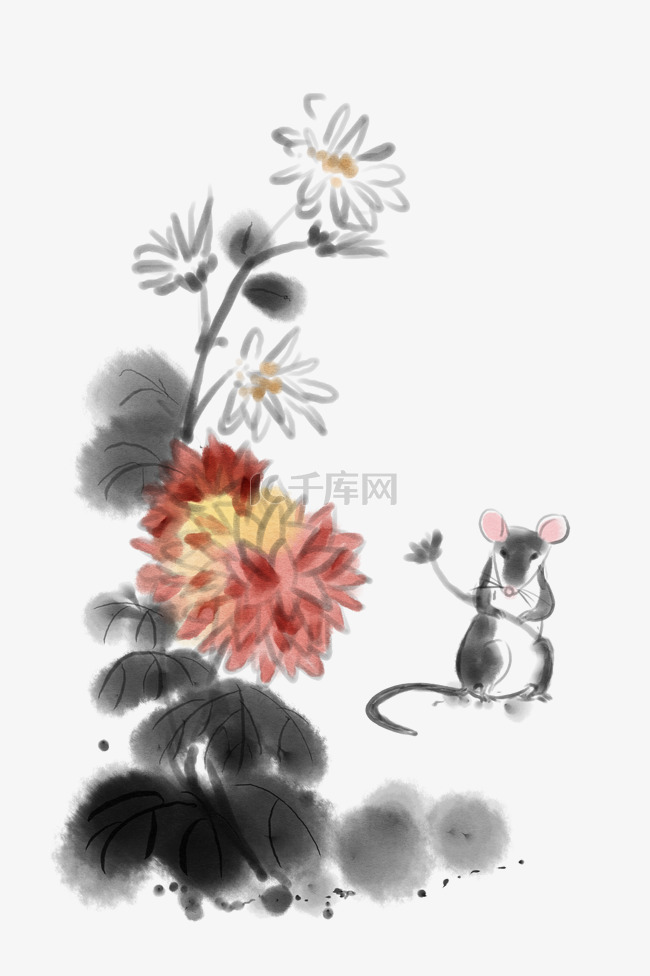 手绘水墨菊花和老鼠插画