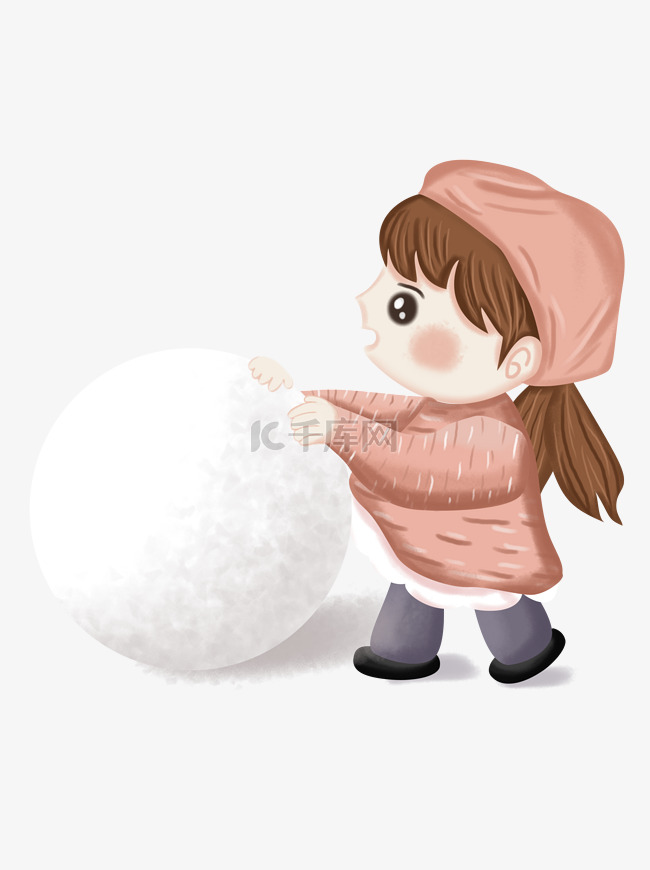 手绘可爱女孩堆雪球元素