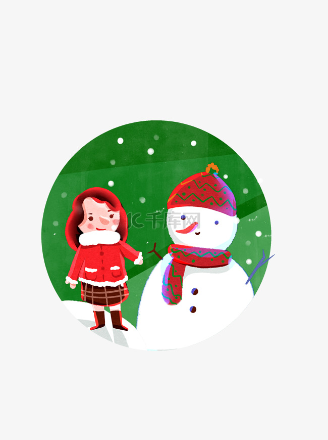 冬天圣诞节雪人女孩手绘扁平卡通