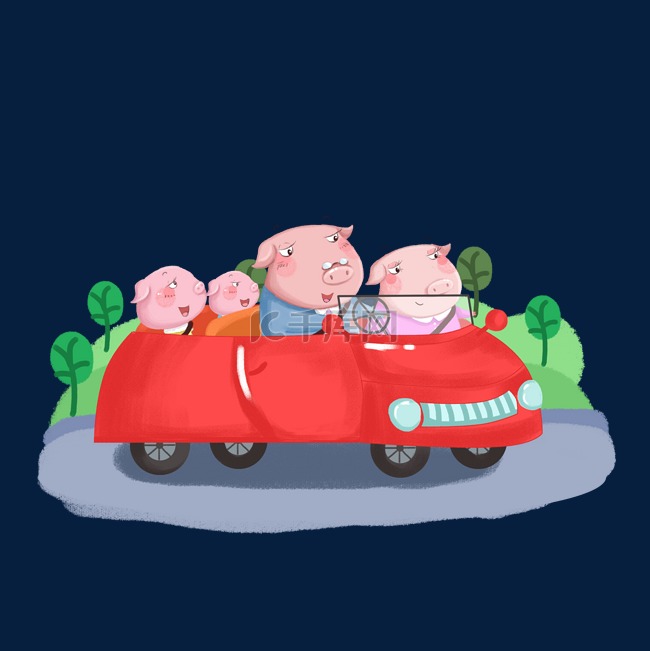 卡通小猪一家人小汽车出游