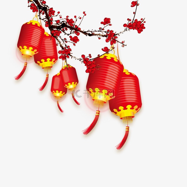 节日手绘装饰插画红梅红灯笼农历