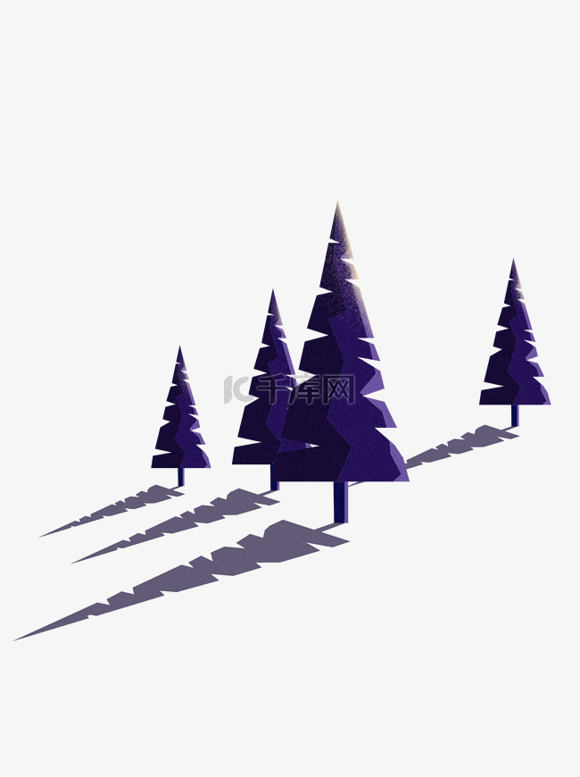 手绘卡通紫蓝色圣诞树云杉和树影