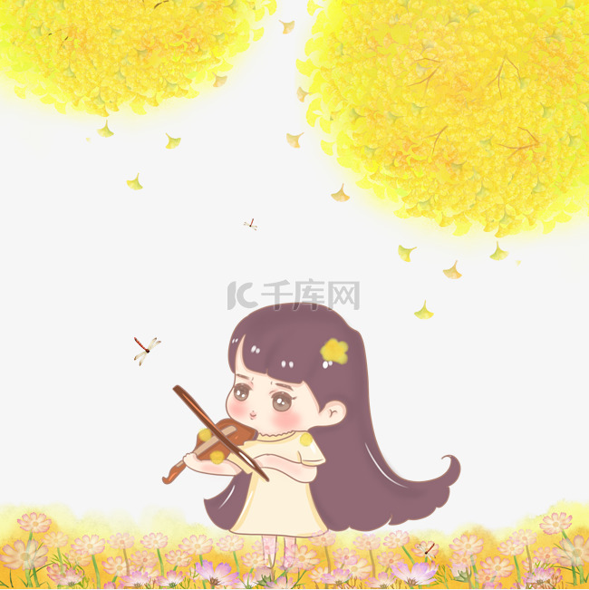 秋天在花丛中拉小提琴小女生