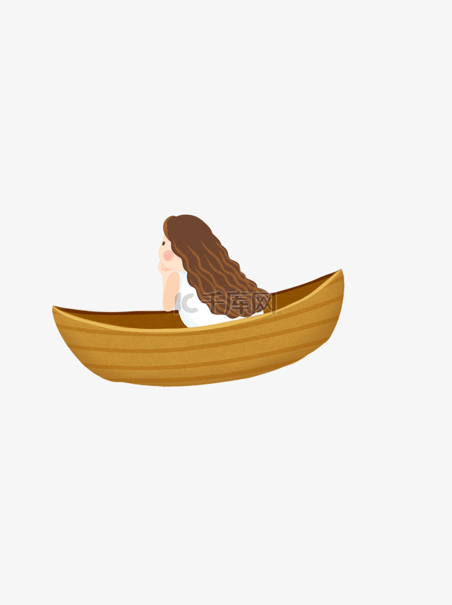 坐在木舟上托腮张望的卡通小女孩