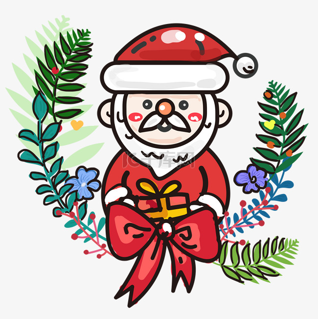 圣诞节手绘卡通圣诞老人与花草装