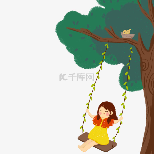 在大树上荡秋千的可爱小女孩