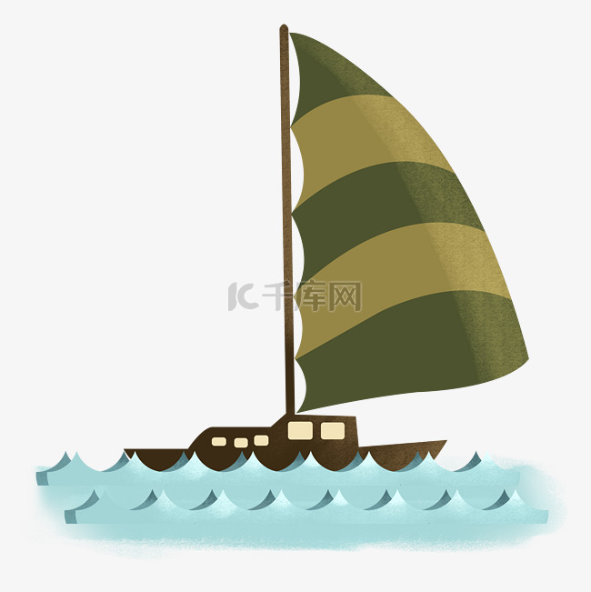 可爱笔触绿色条纹卡通帆船