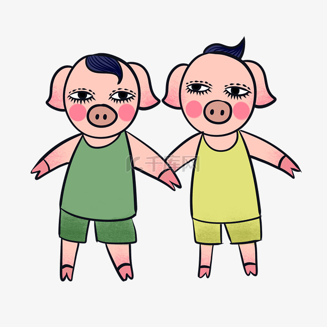 手绘矢量卡通可爱猪年两只小猪形