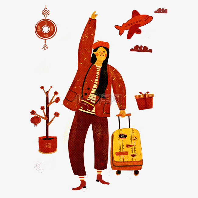 春节春运飞机行李中国红少女学生