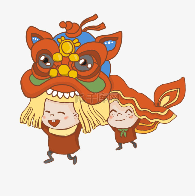 手绘中国风卡通过年舞狮