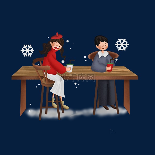 冬季系列雪天咖啡店喝咖啡的情侣