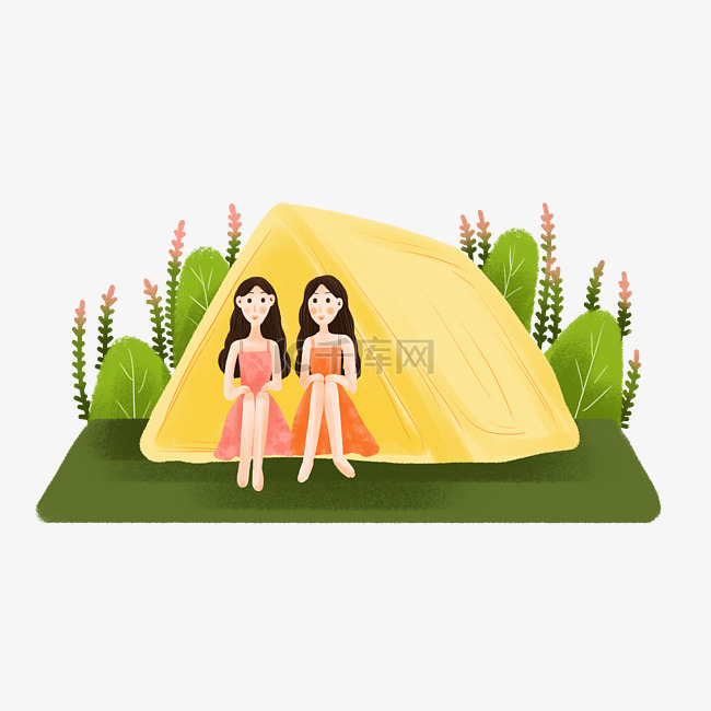 踏青出游的两个小女孩卡通帐篷