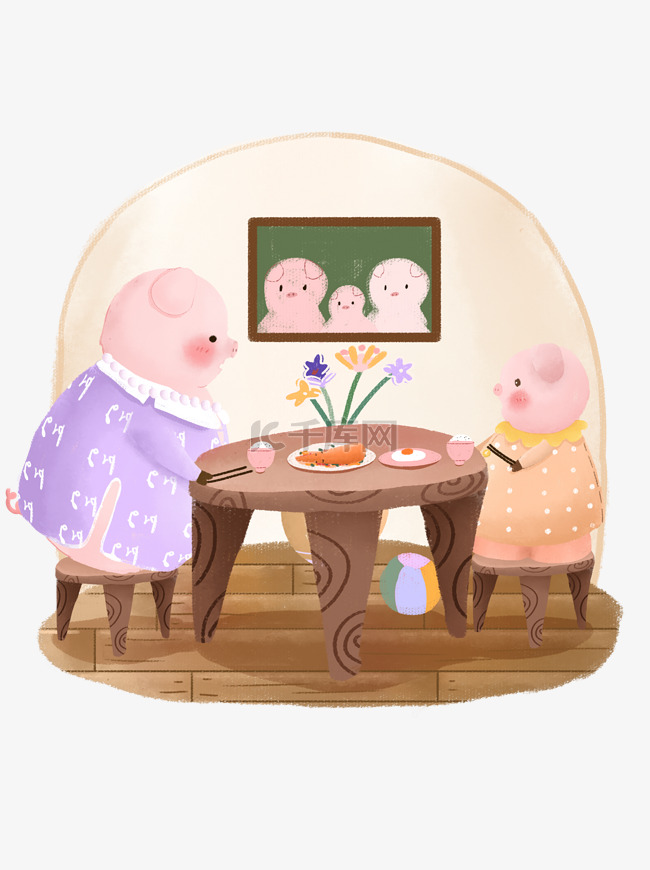 生肖动物猪吃饭卡通可爱儿童手绘