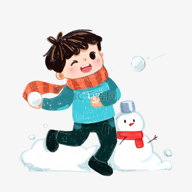 冬季里打雪球的小男孩