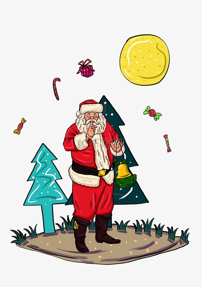 手绘圣诞老人插画圣诞节礼物铃铛