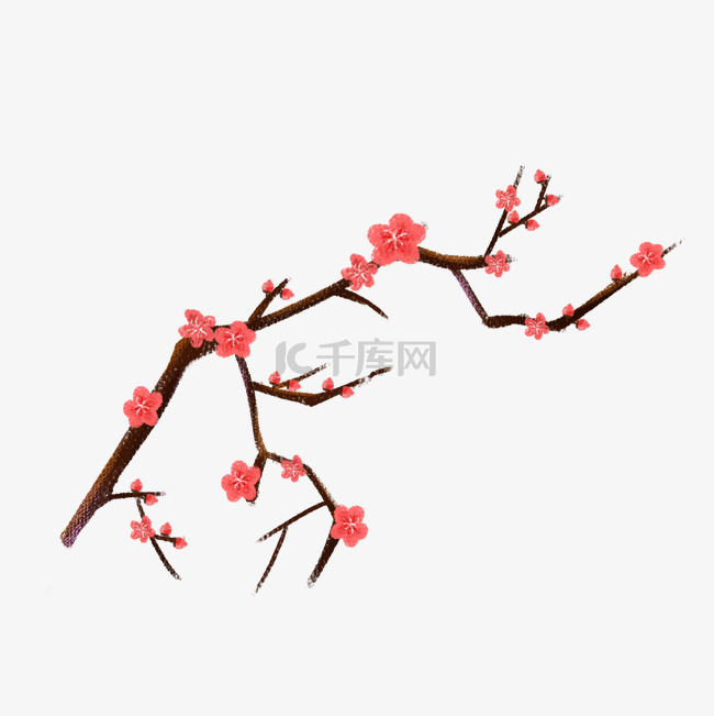 一枝鲜艳的红梅花枝插画