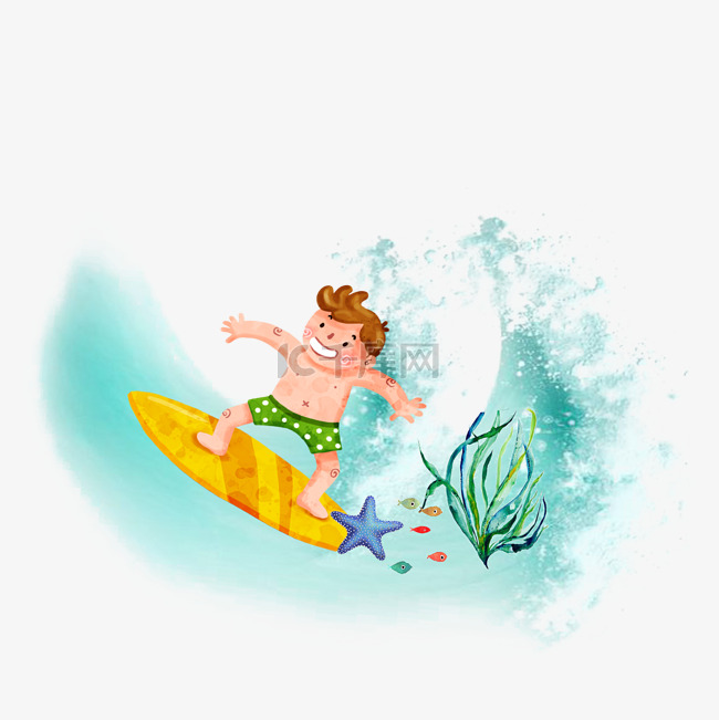 卡通手绘海上冲浪的小孩