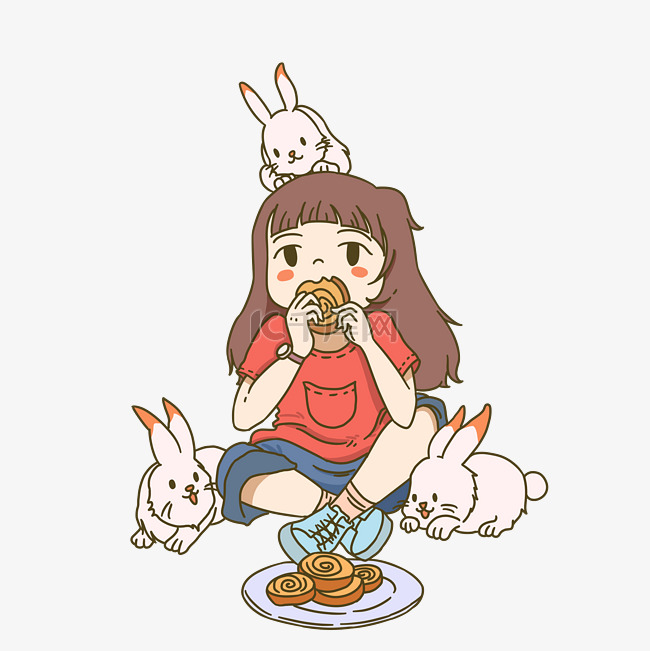 女孩兔子吃月饼插画