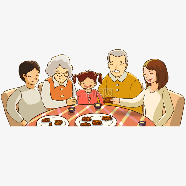 中秋卡通手绘一家人吃月饼