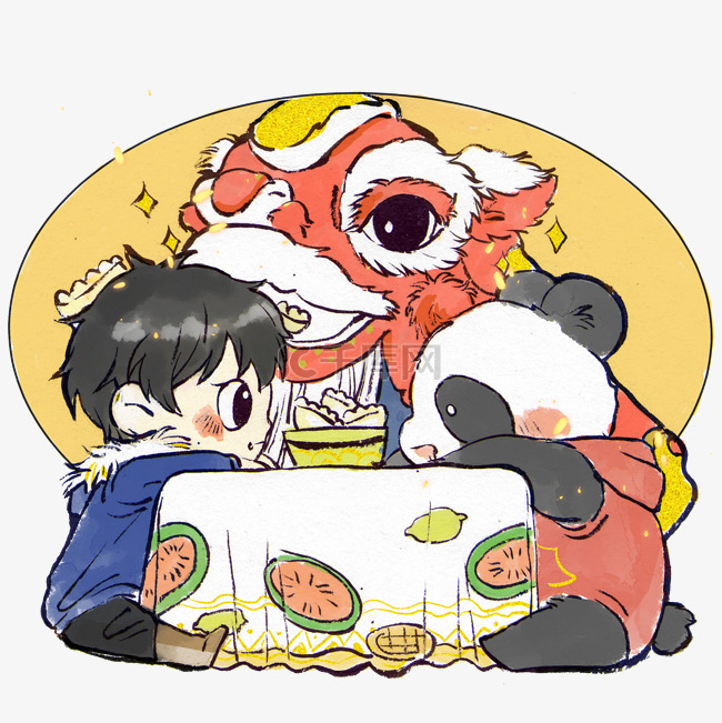手绘卡通新年吃饺子