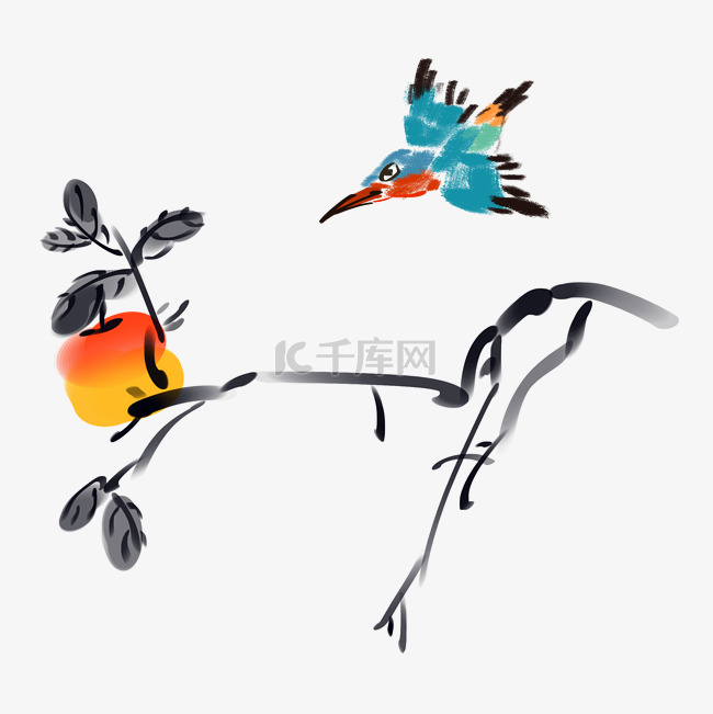 水墨植物和小鸟插画