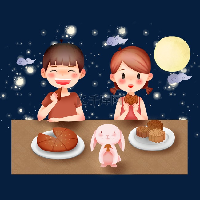 手绘卡通中秋节吃月饼