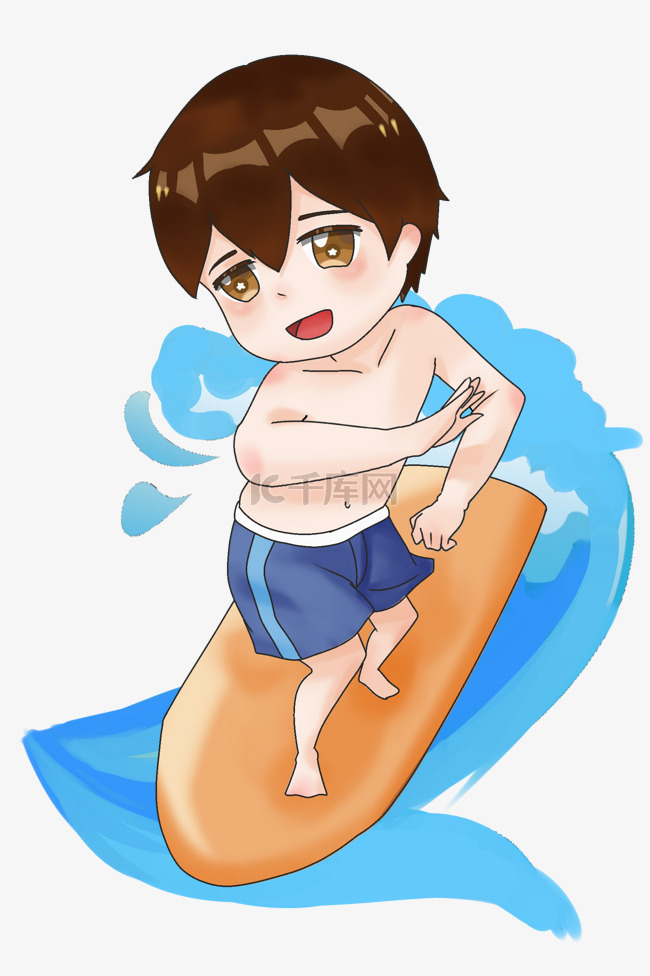 夏日海上冲浪的小男孩插画