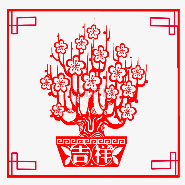 春节红色剪纸盆栽吉祥贴纸PNG