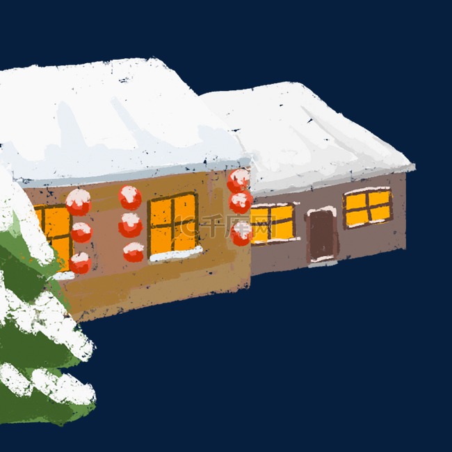 卡通手绘下雪的房子