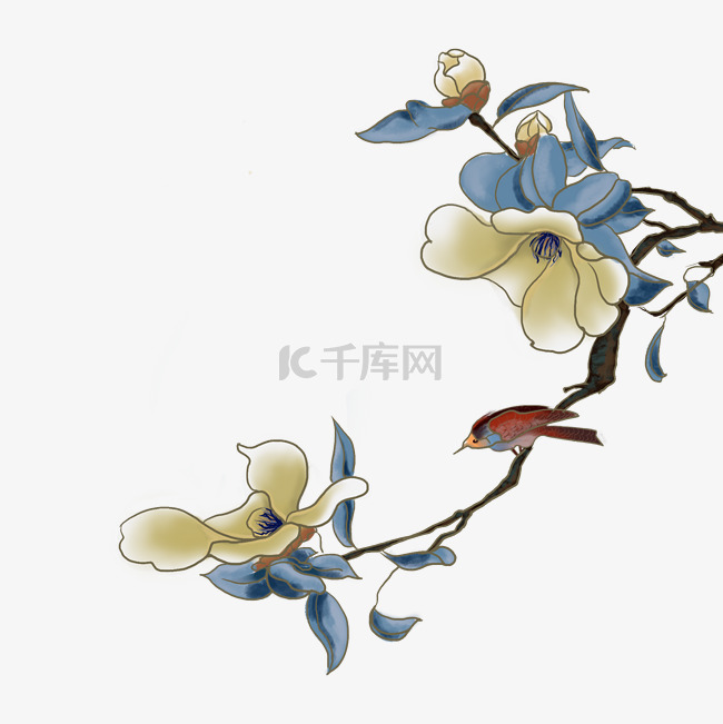 中国风彩色手绘工笔装饰花鸟