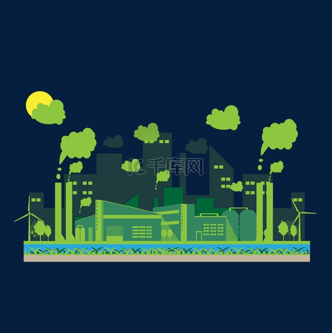 卡通绿色排放的工厂和绿色城市